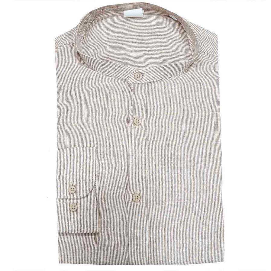 Ανδρικό πουκάμισο λινό Μάο Μπεζ Ριγέ